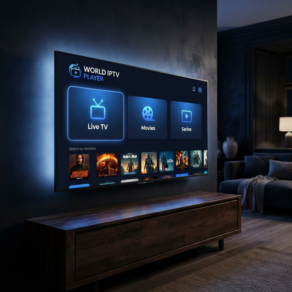 World IPTV Player home screen with Live TV, Movies and Series on a wall-mounted smart TV in a dark modern living room